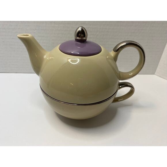 Porcelain Tea Mixed Colors Tan & Purple Glazed Teapot Teacup - Picture 1 of 8